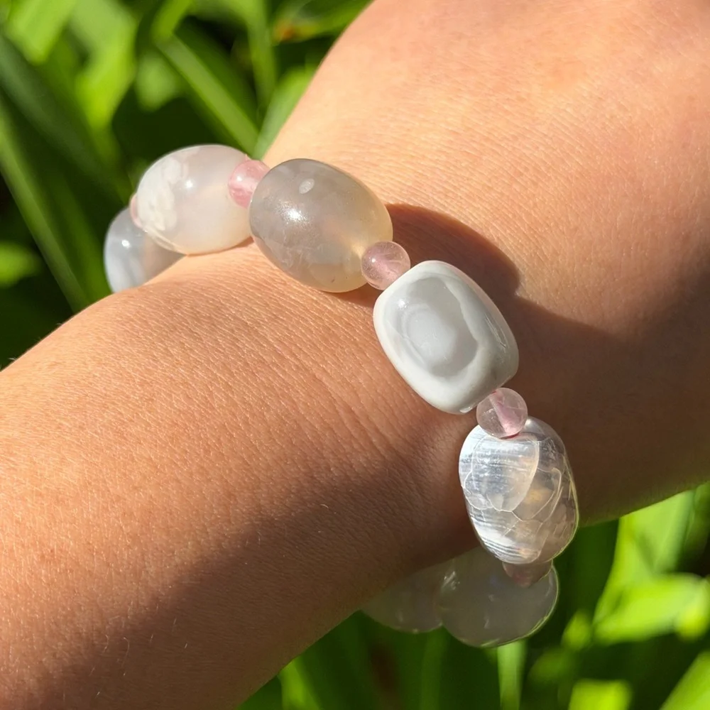 14mm stretchable barrel‎ shape milky agate rose quartz bracelet 0401